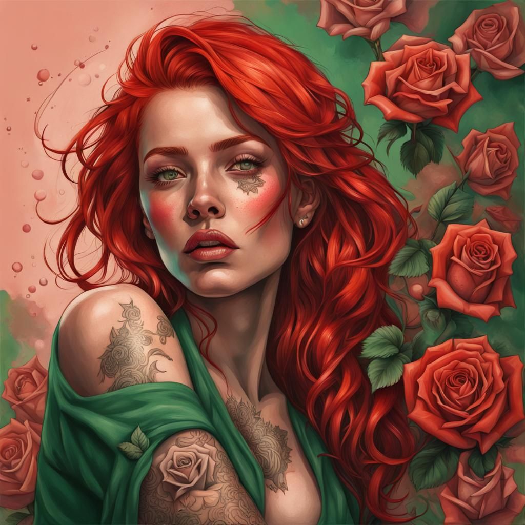Red-Haired Girl Smoking: Hyperrealistic Splash Art Portrait