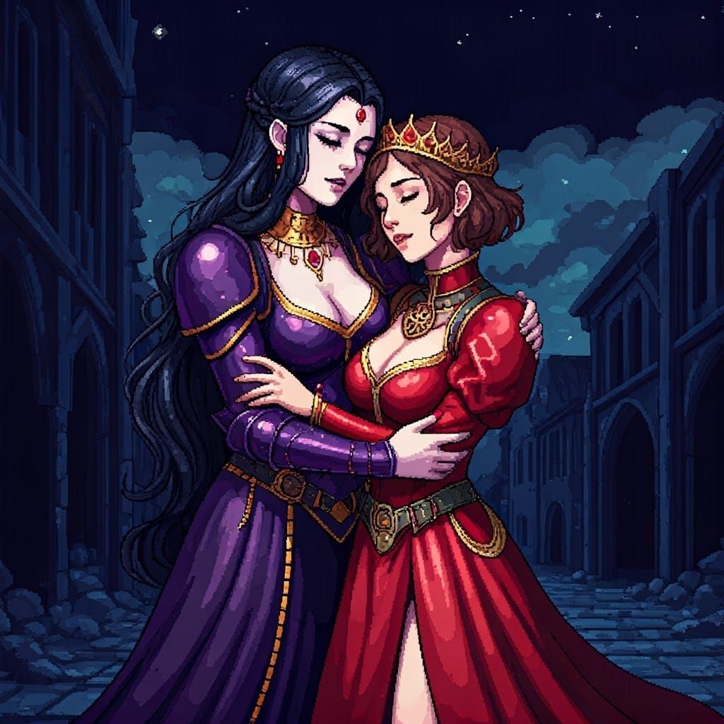 Sorceress and Queen Embrace in Pixel Art Style
