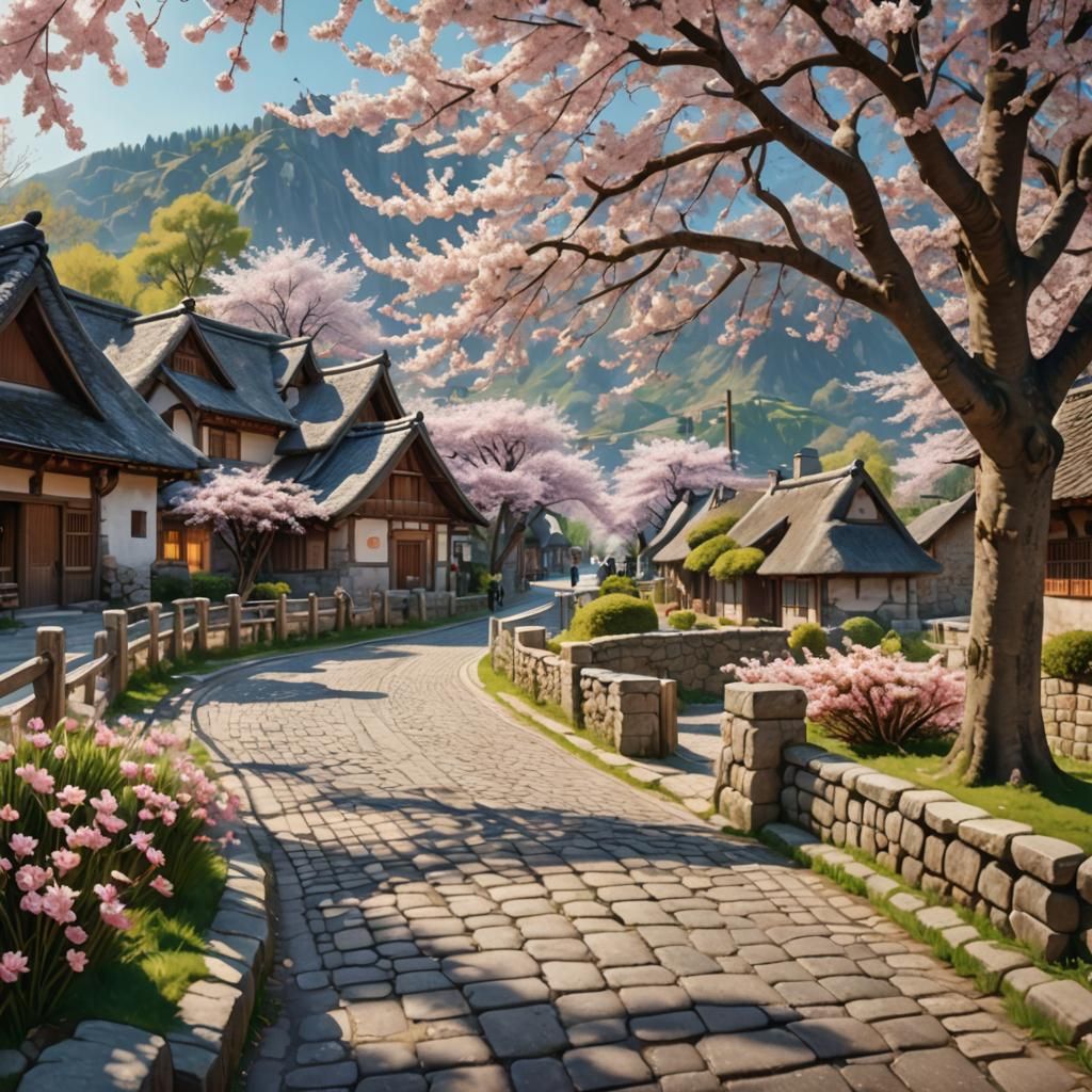 Picturesque Village Scene in Springtime, 8K Photorealism