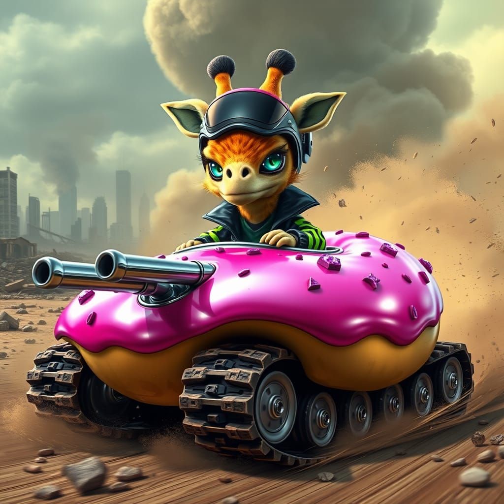Alien Giraffe Races Donut Tank in Wasteland, Comic Book Styl...