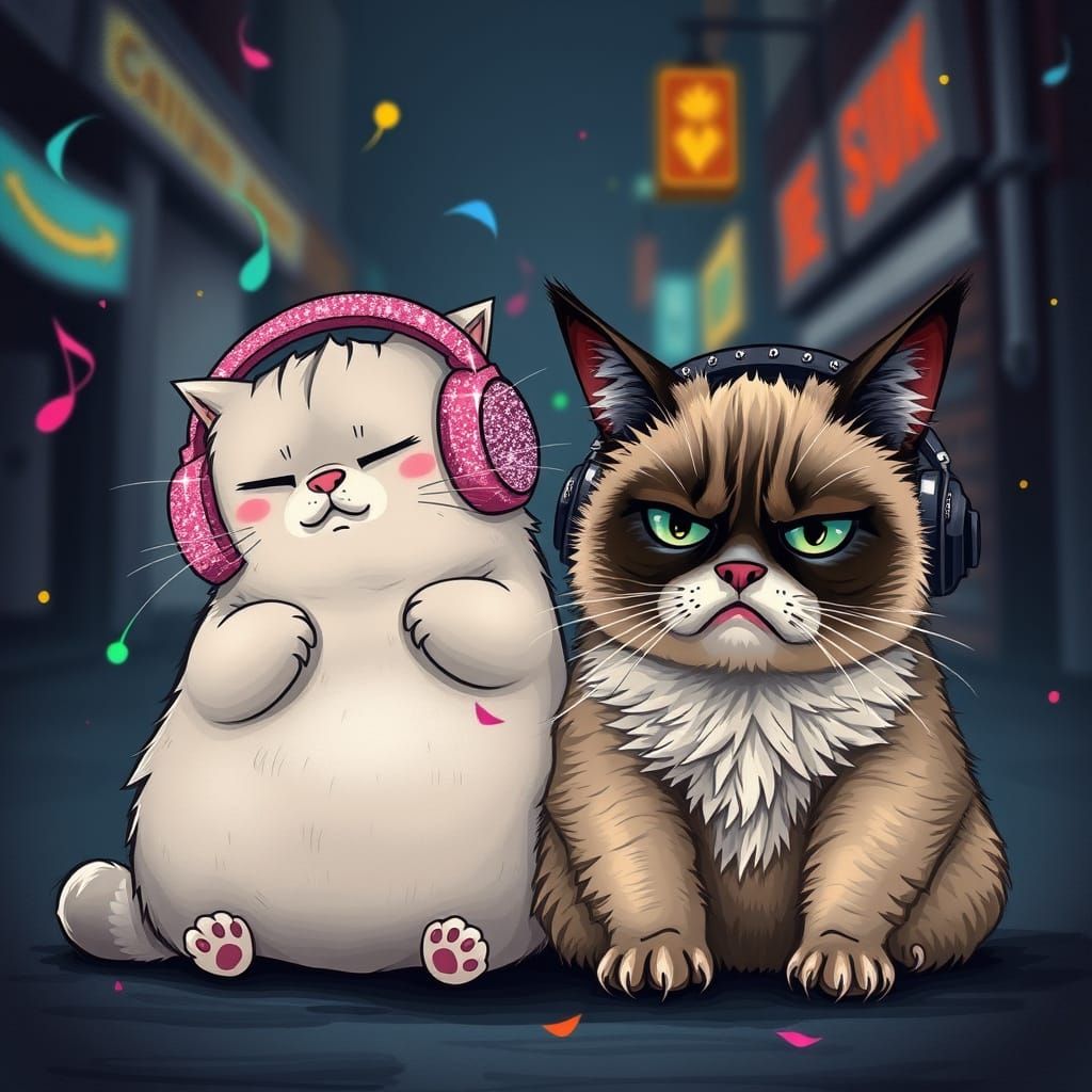 Pusheen and Grumpy Cat Jam Out to Different Beats