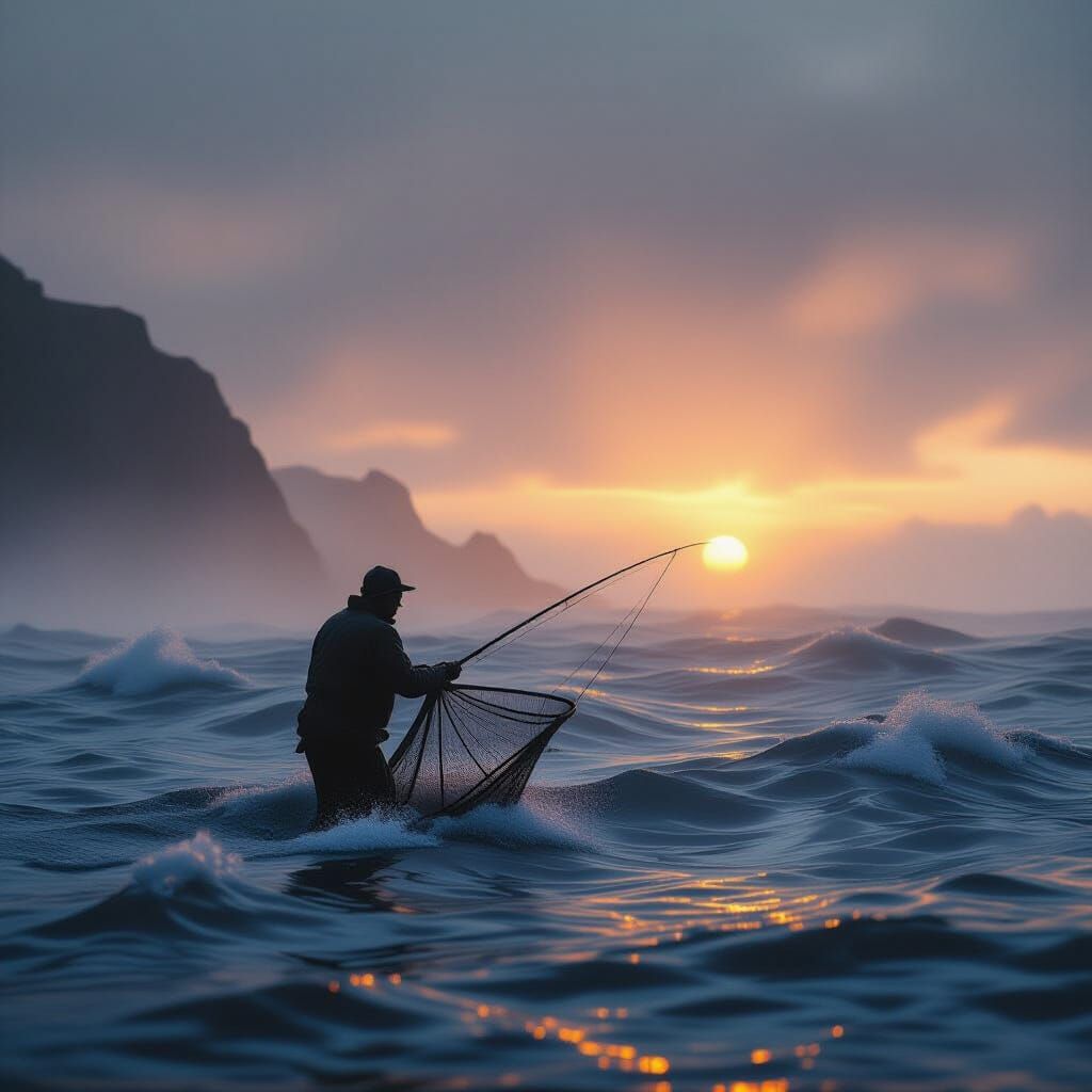 Fisherman on Misty Sea at Dawn, Photorealistic