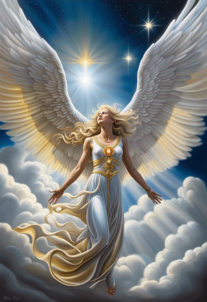 Winged Angel Ascending into Celestial Sky