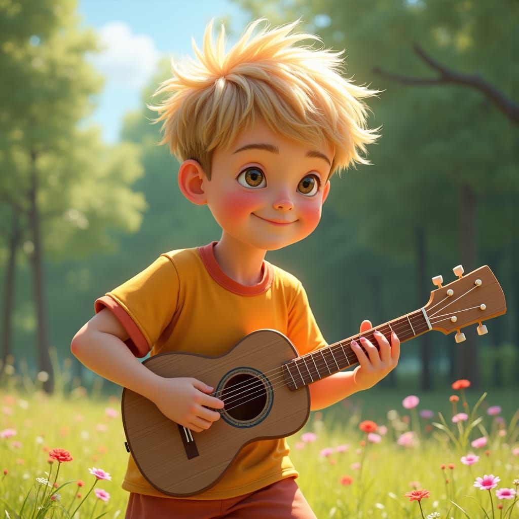 Boy Plays on Green Meadow in Fantasy Style