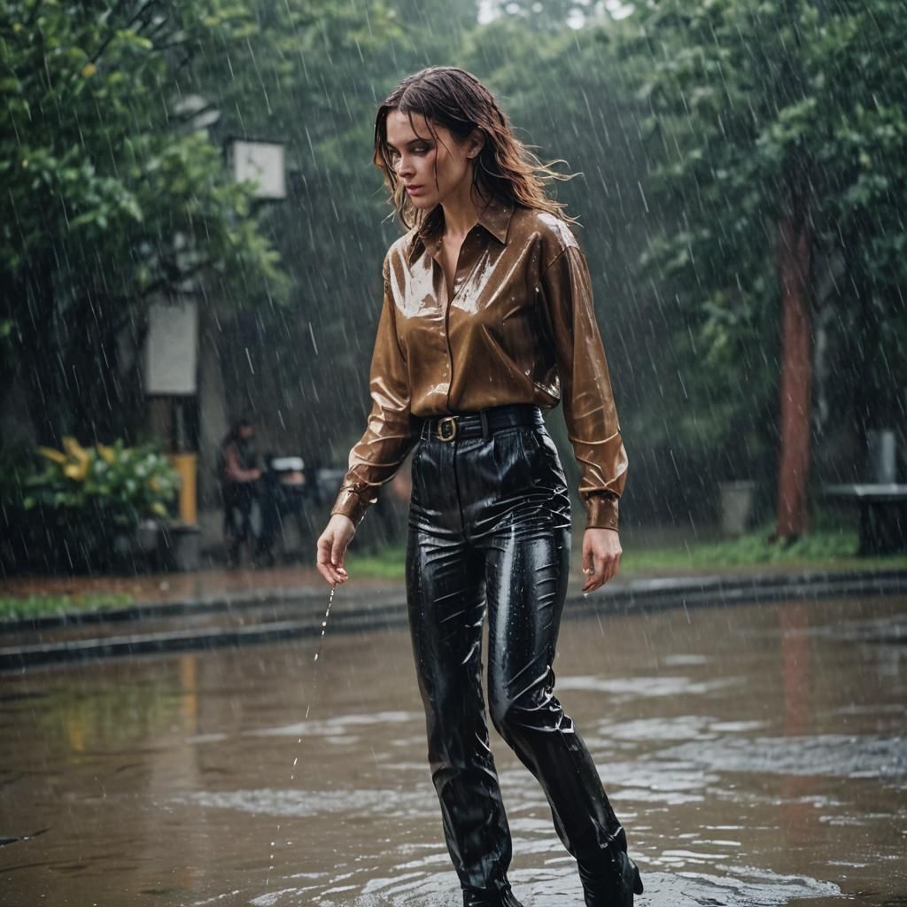 Woman in Silk Blouse Caught in Rain, Cinematic Shot