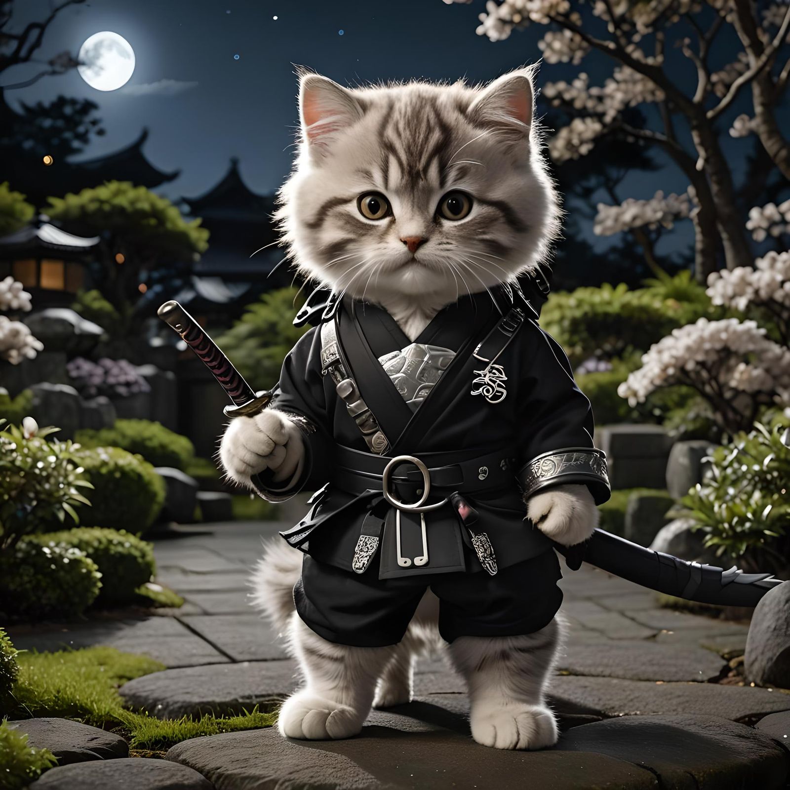 Fluffy Kitten Ninja Assassin in Japanese Garden