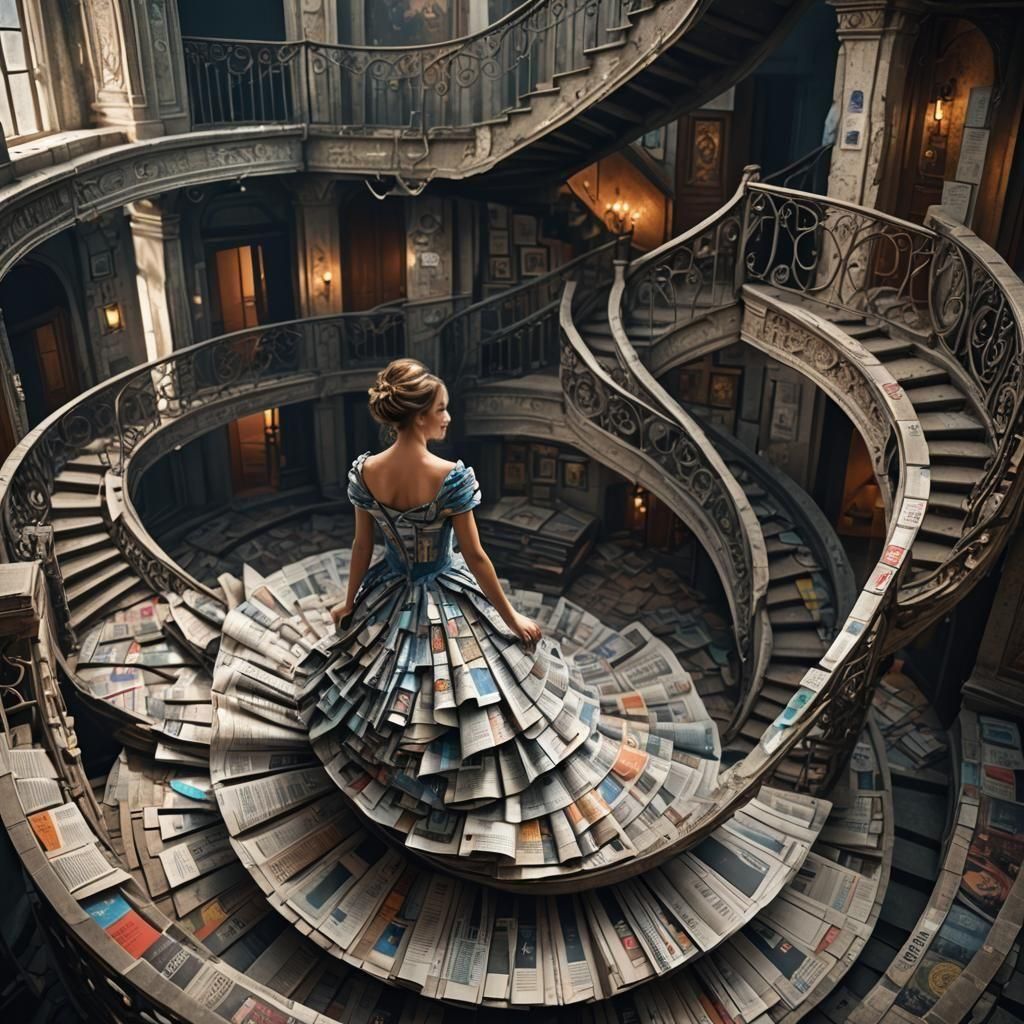 Woman in Newspaper Dress on Spiral Stairway