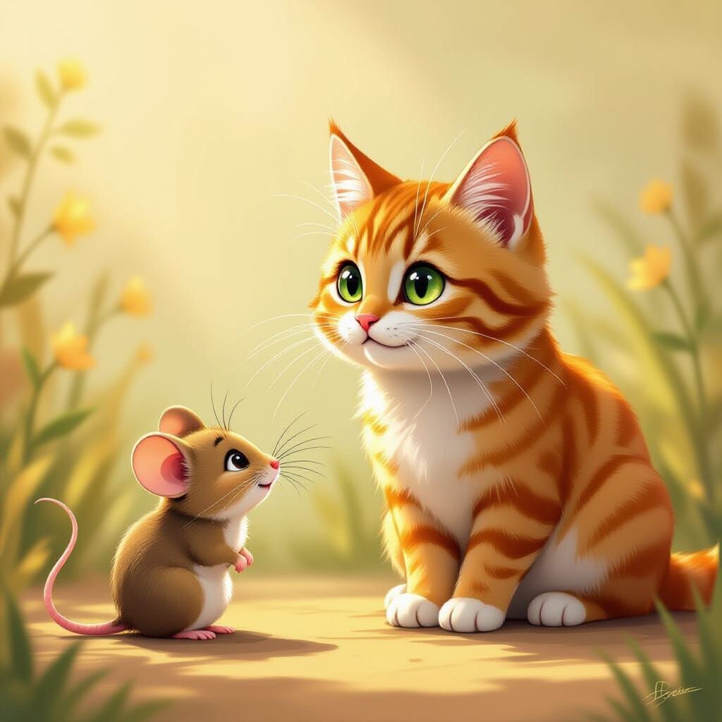 Orange Cat Chats With Mouse Friend in Storybook Style