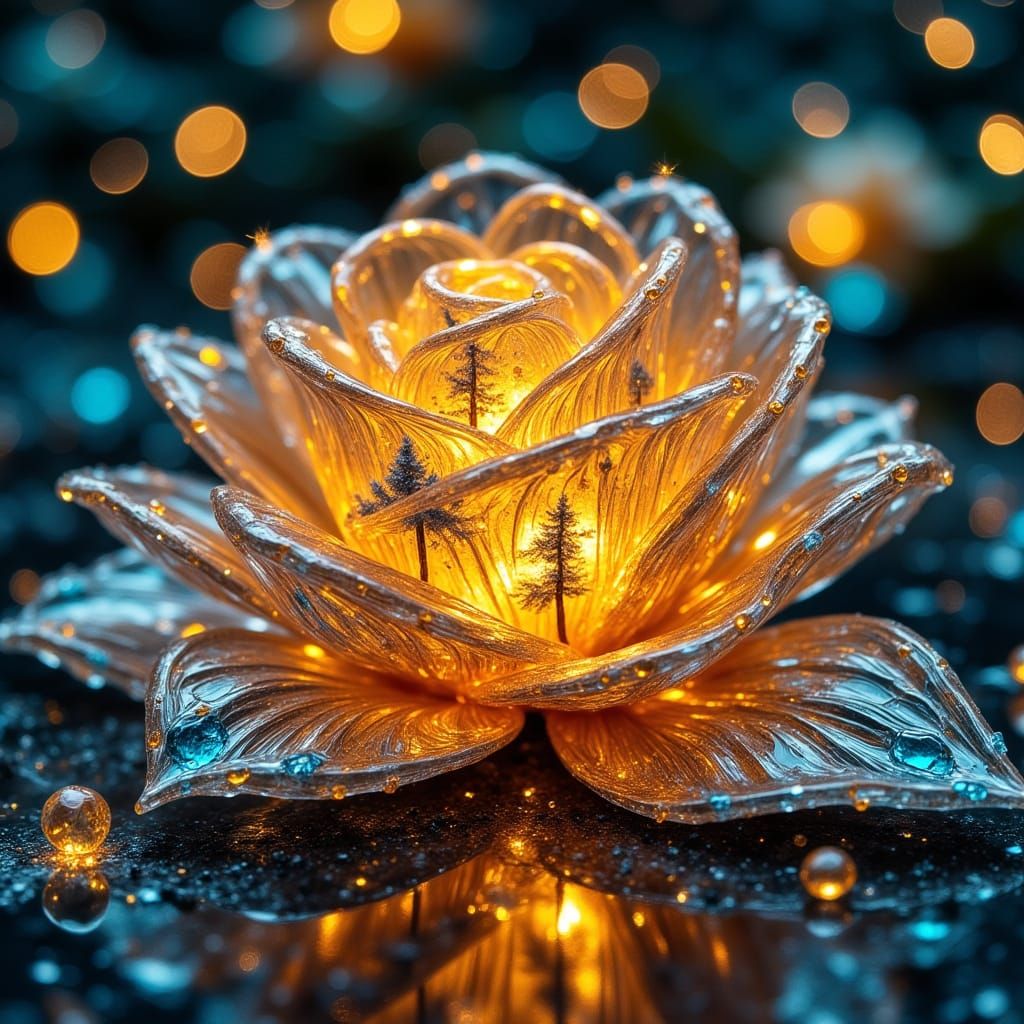 Glowing Glass Rose with Fir Tree Reflections in Bokeh