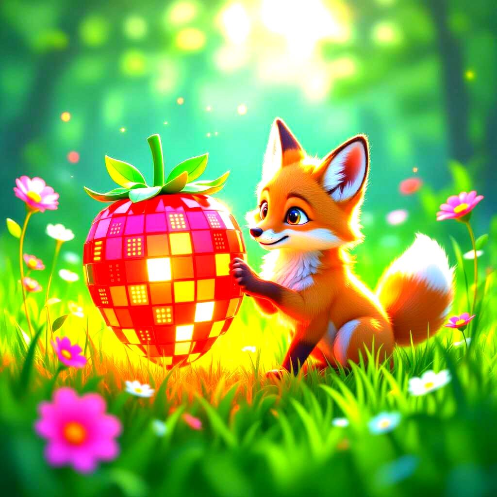 Coyote Pup Nudges Pixelated Berry in Data Meadow