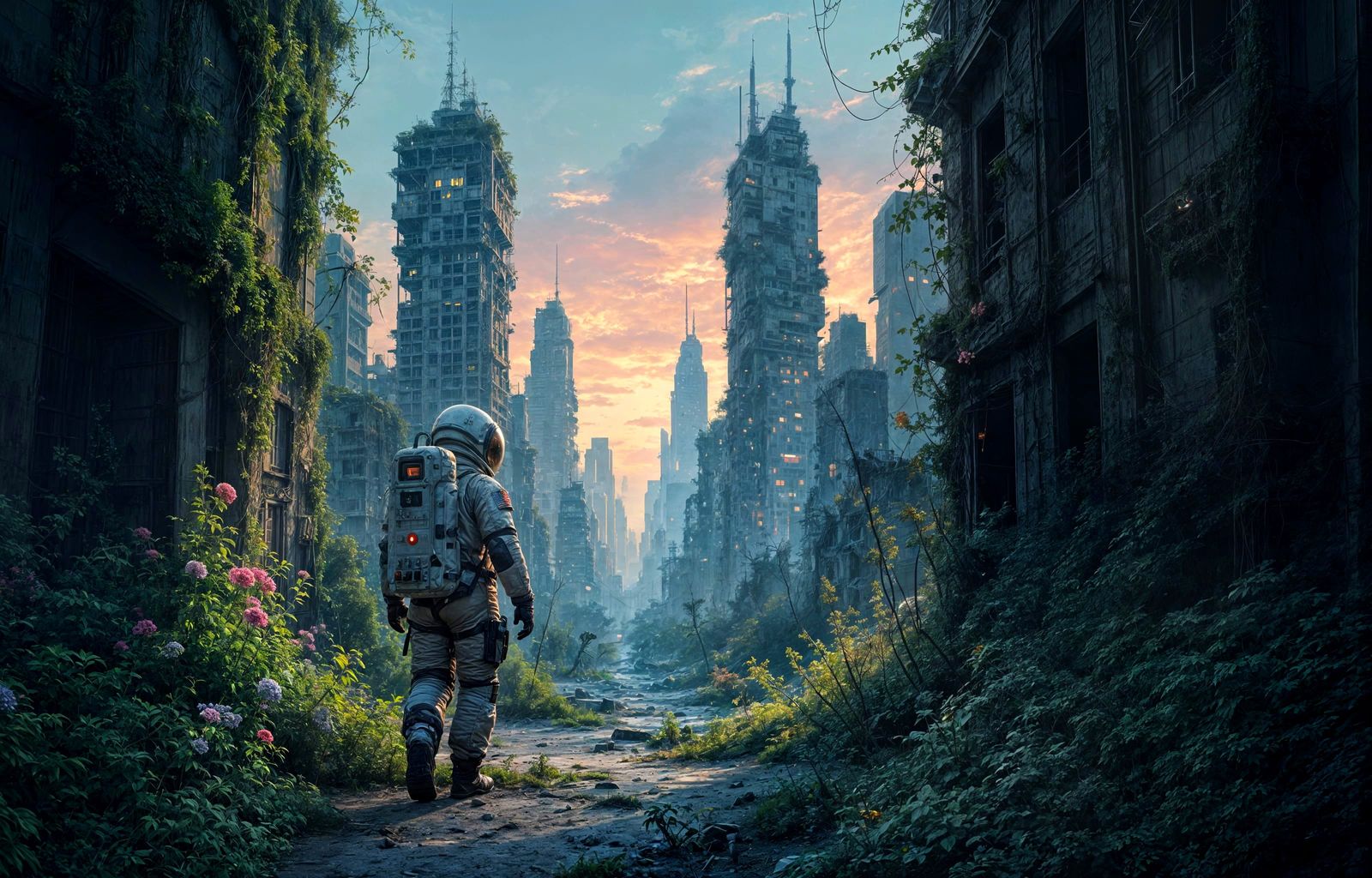 Astronaut Explores Overgrown Cityscape in Twilight