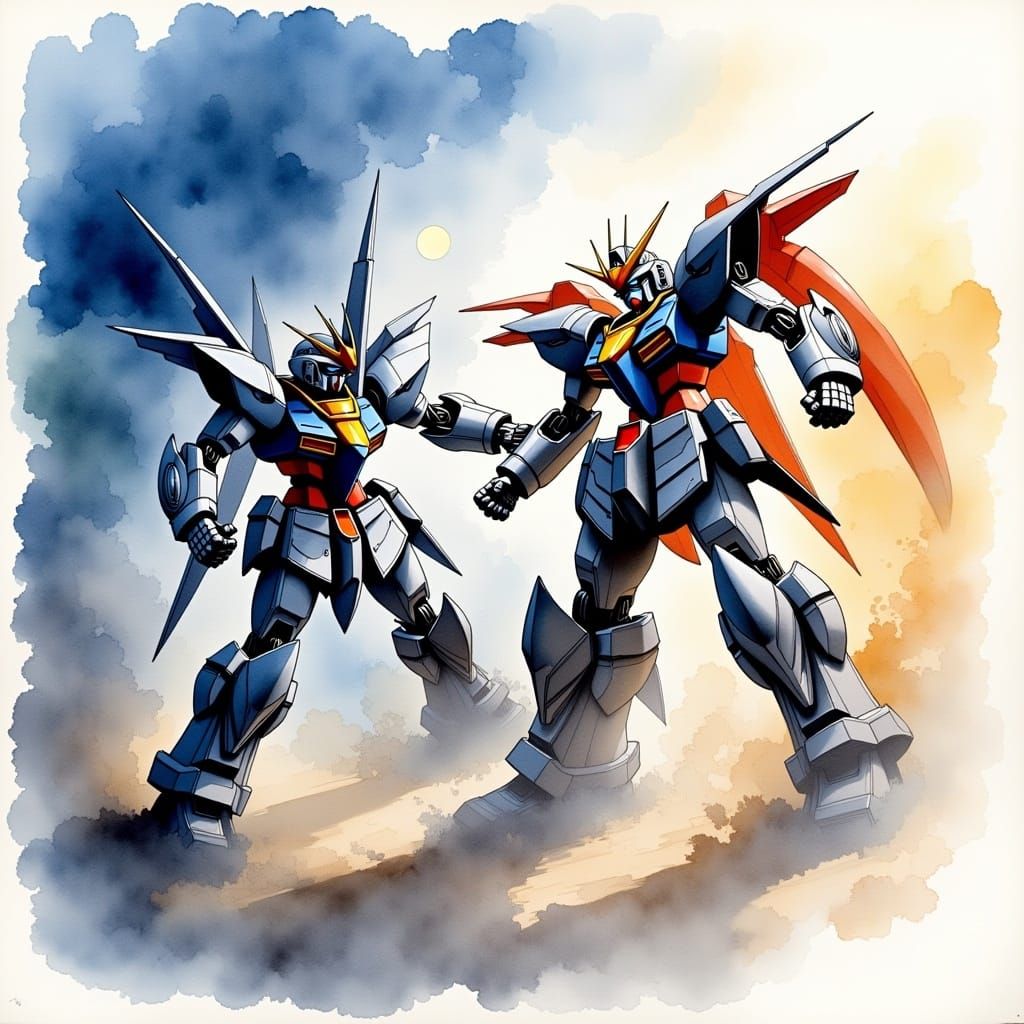 Gundam Battle in Watercolour Style
