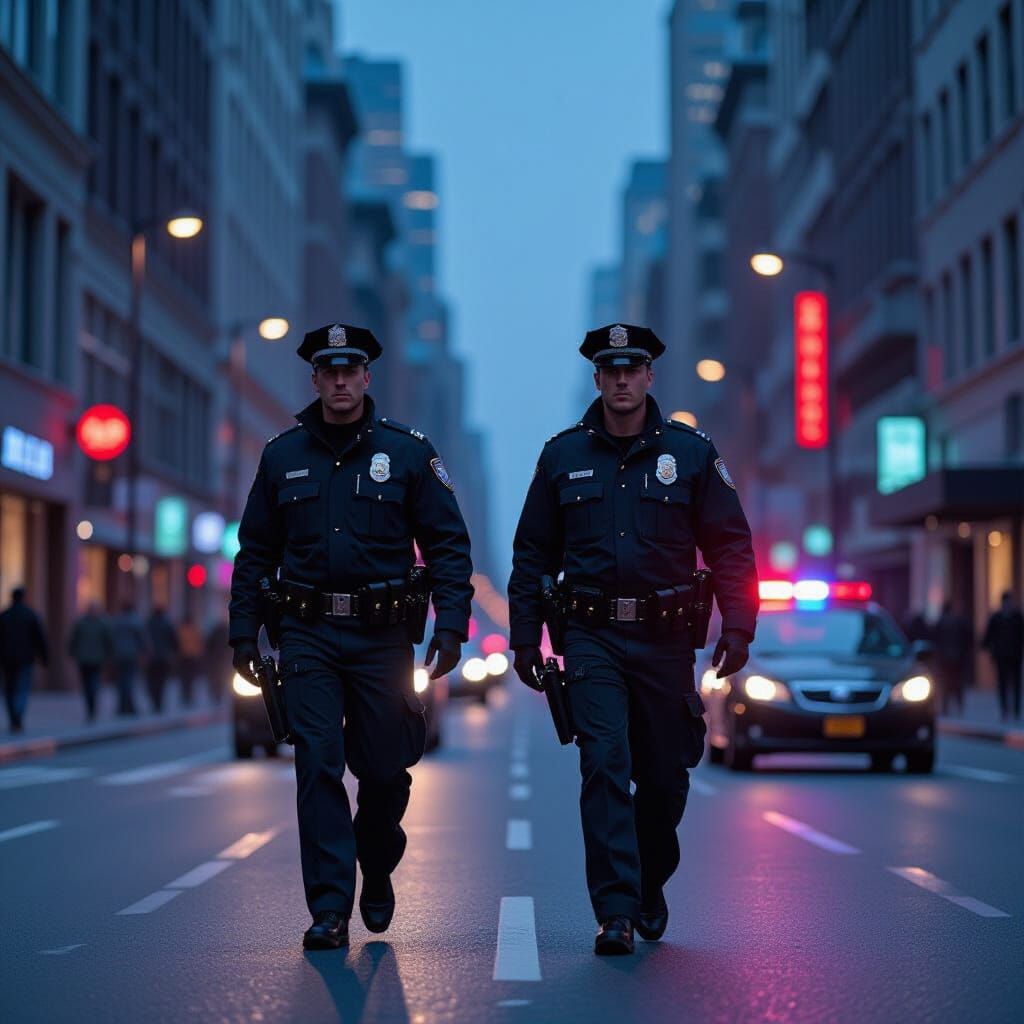 Police Officers Patrol City Street in Gritty Realism Style