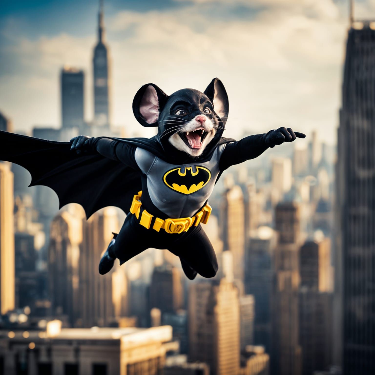 Charming Hyperealistic Batman Mouse Soars Above Gotham