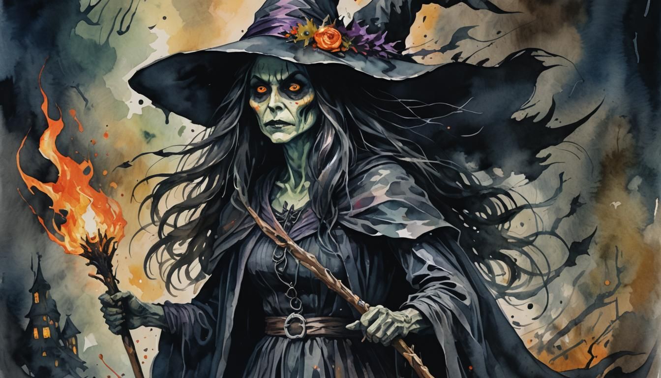 Dark Spooky Horror Witch in Gouache Style