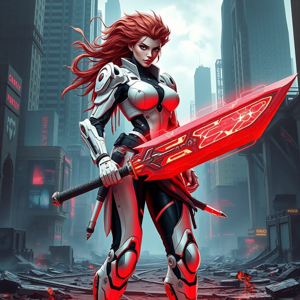 Cyberpunk Cyborg Warrior Stands Guard in Ruined City