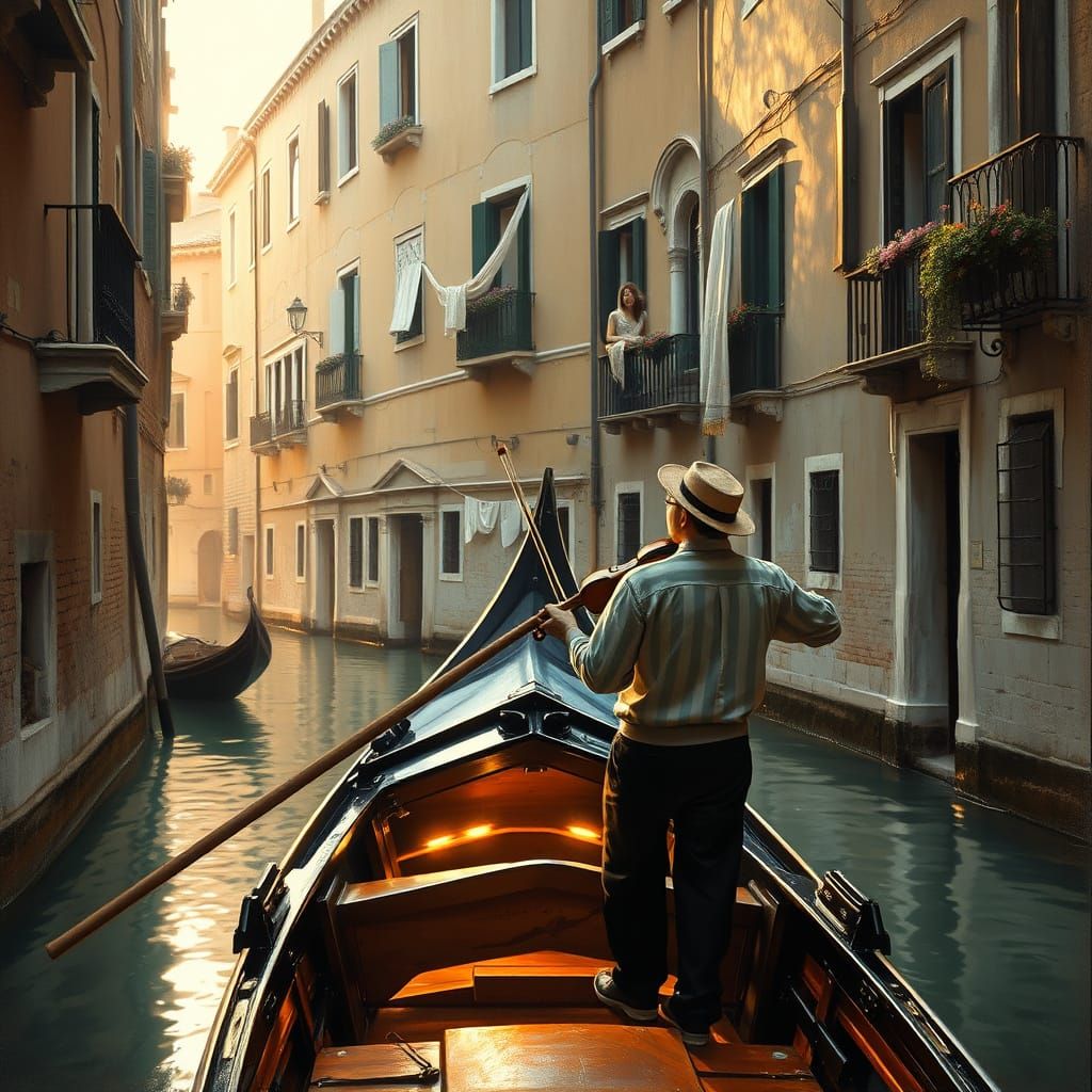 Romantic Venetian Canal Scene in Rembrandt's Style
