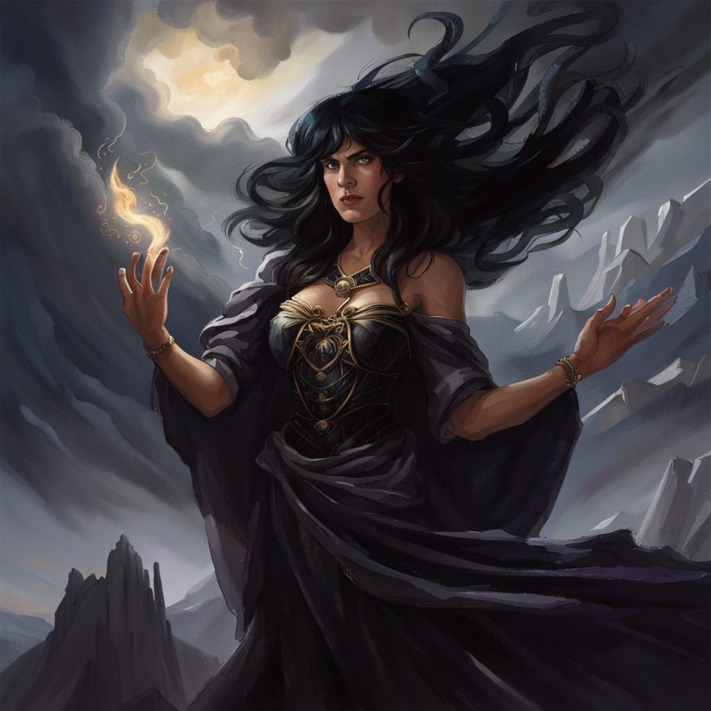 Sorceress Conjuring Lightning in a Storm, Detailed Portrait