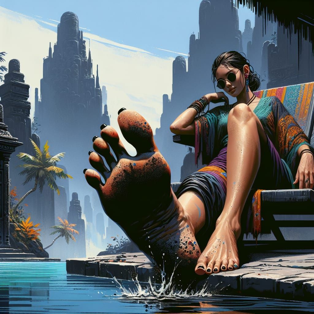 Poolside Woman with Dirty Feet: Fantasy Concept Art
