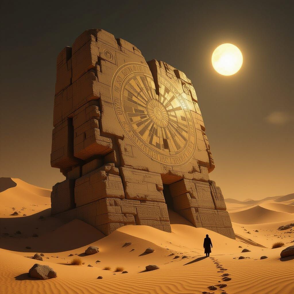 Ancient Stone Automaton in Desert Landscape
