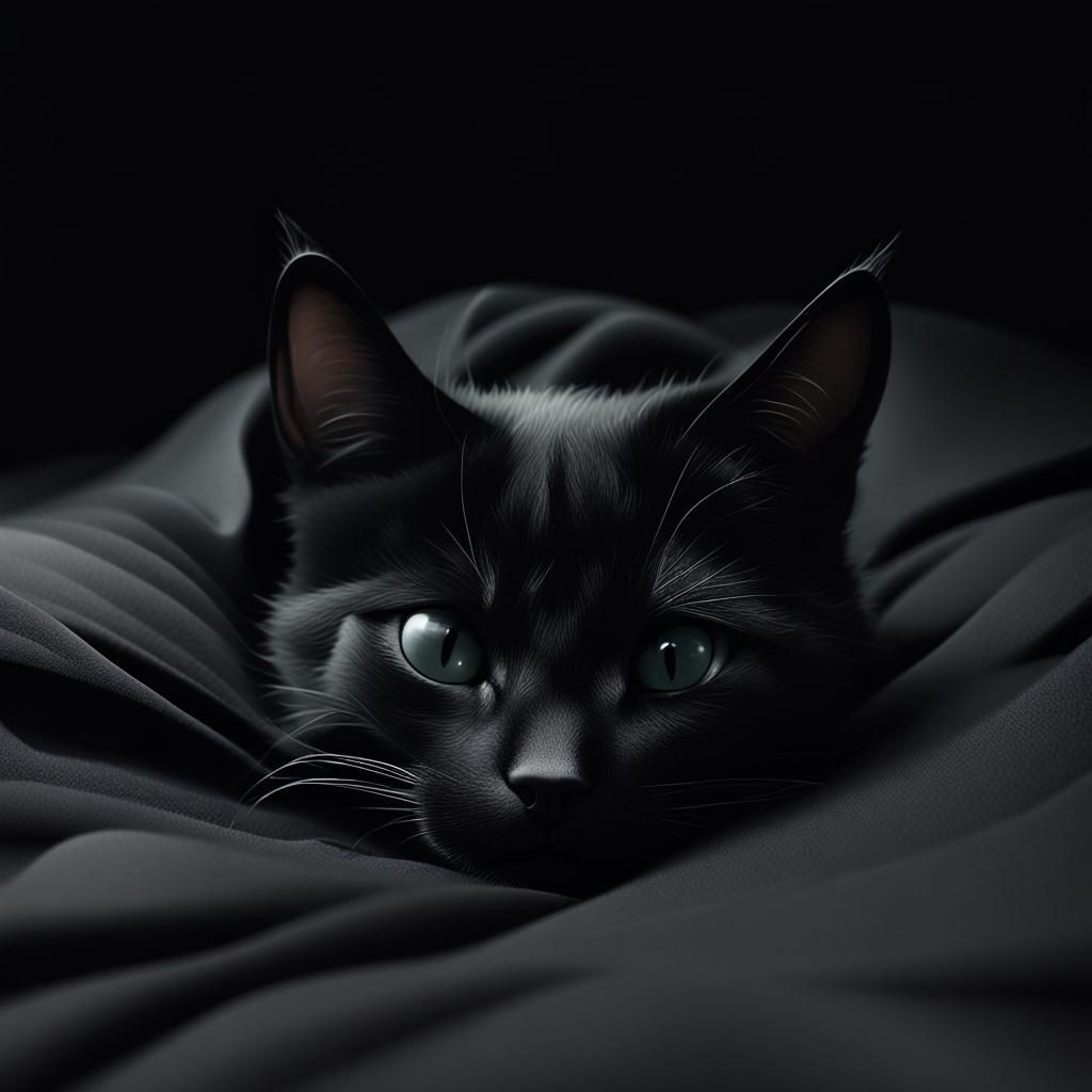 Monochrome Macro of Black Kitten Asleep