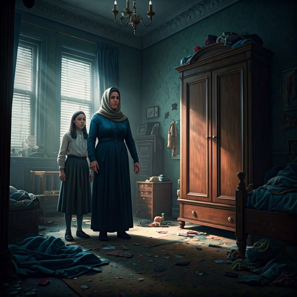 Modest Mother Confronts Chaos in a Dimly Lit Bedroom