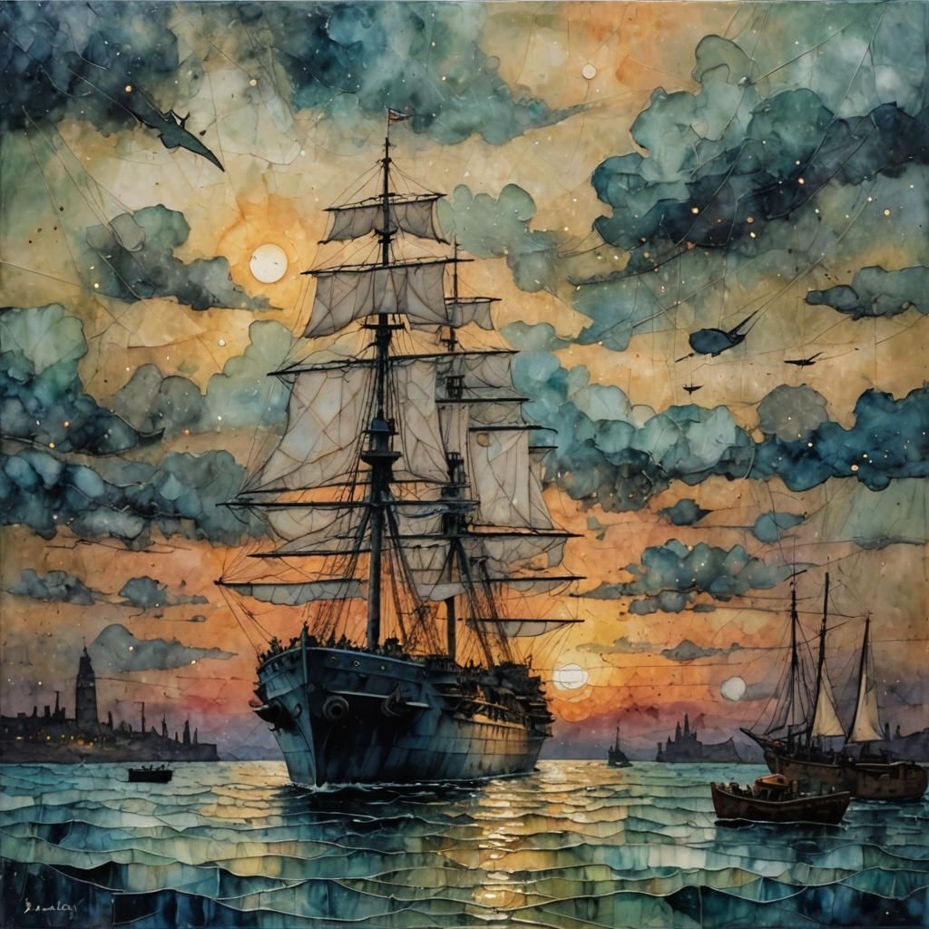 Encaustic Aircraft Carrier with Sails at Sunset