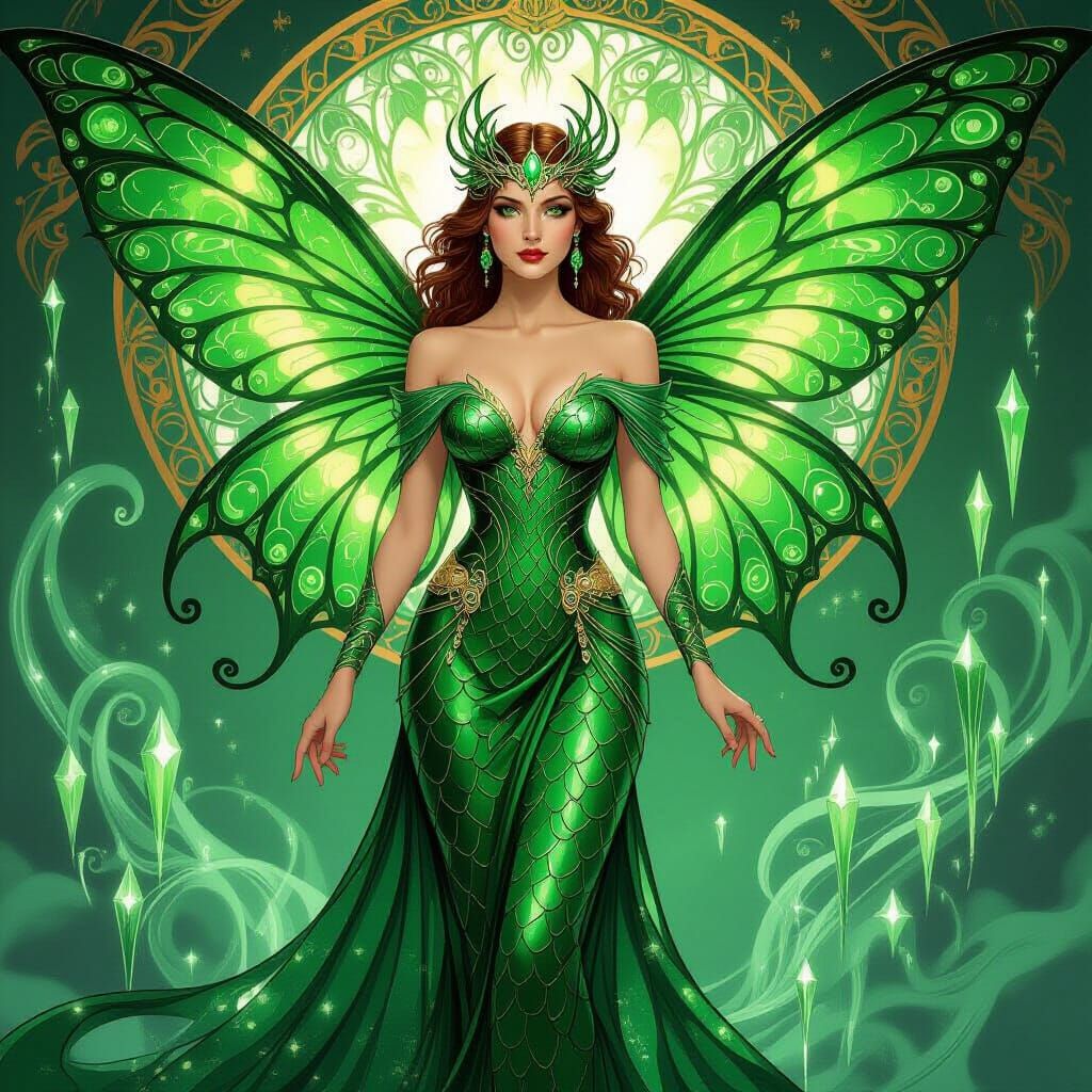 Emerald Serpent Queen in Art Nouveau Style