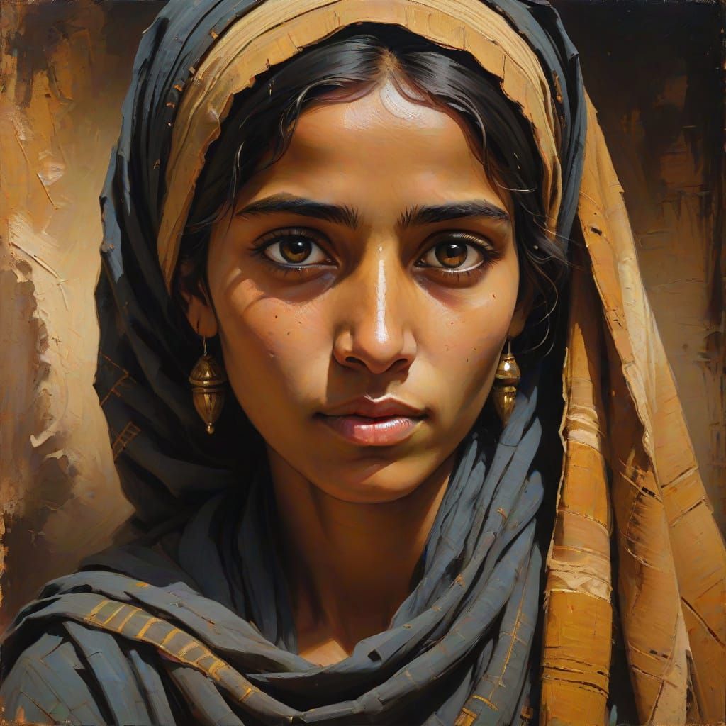 Surreal Oil Portrait of a Peasant Arab Woman in Earthy Tones