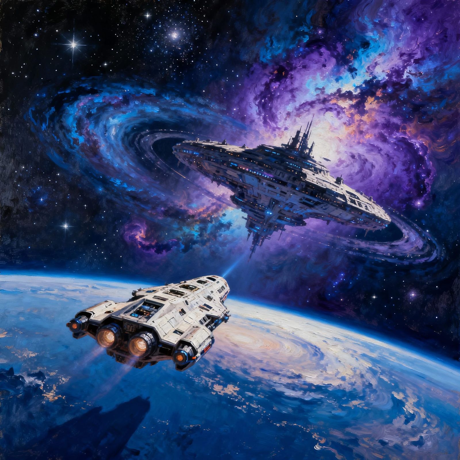 Futuristic Spaceship Approaching Alien Space Station