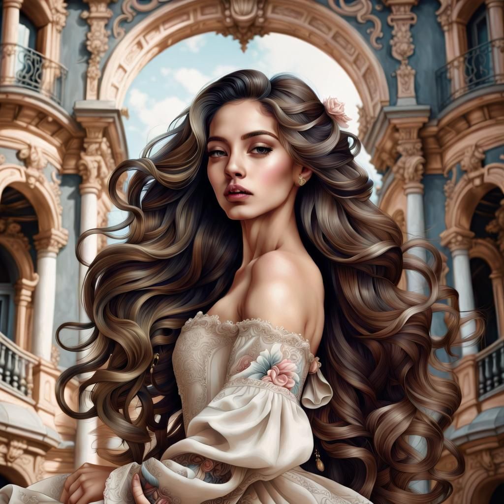 gorgeous Mexican woman with flawless skin, long swirling hair, long flowing hair, Floral background, Intricate detail, b...