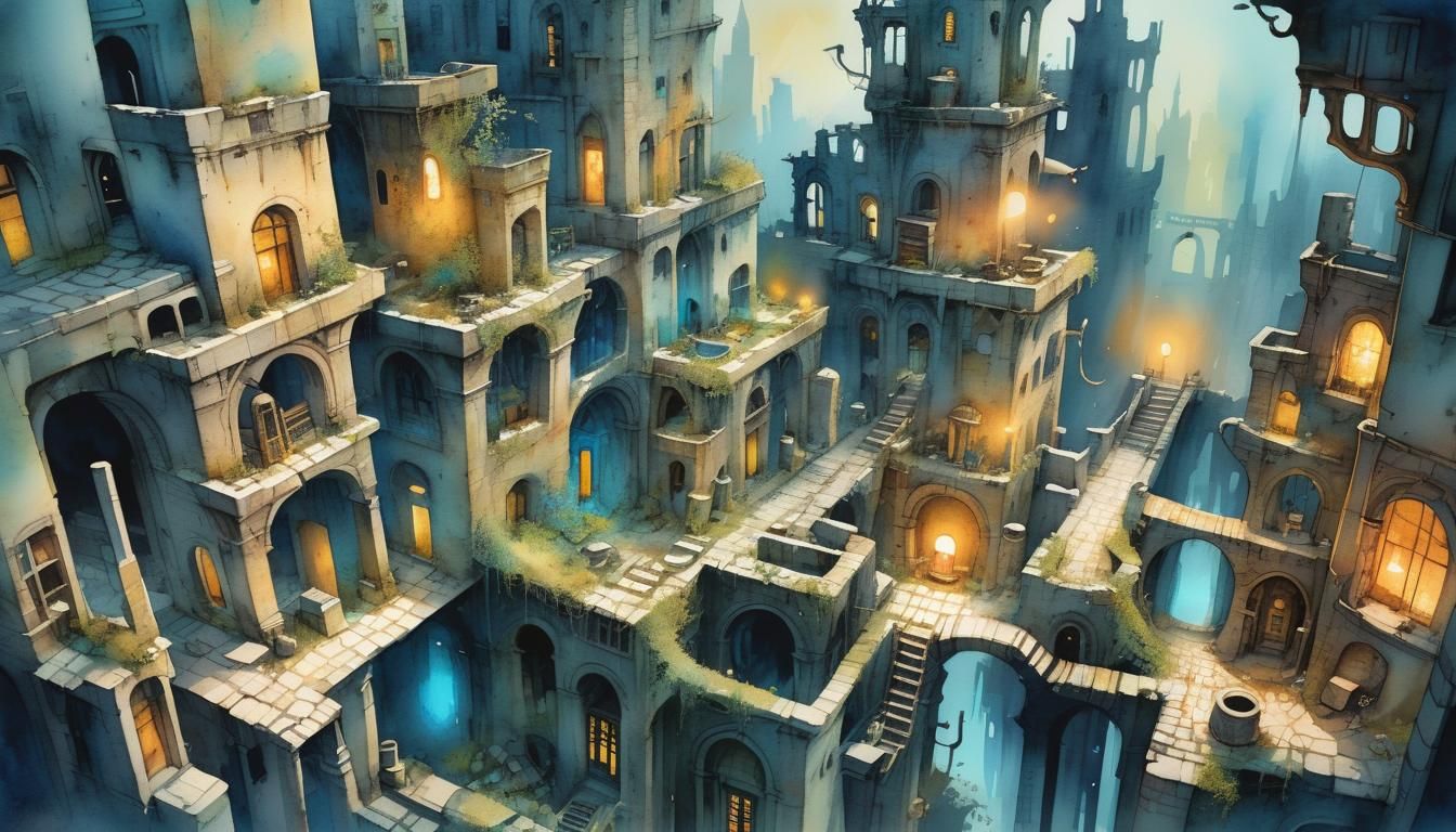 Ruined Cityscape Watercolor Illustration with Glowing Runes