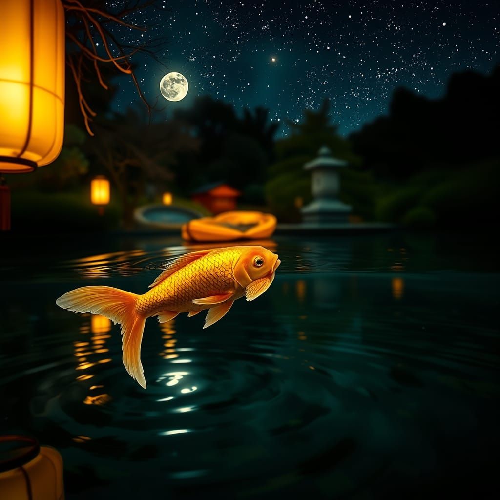 Golden Koi Dances Under Serene Japanese Lanterns at Night