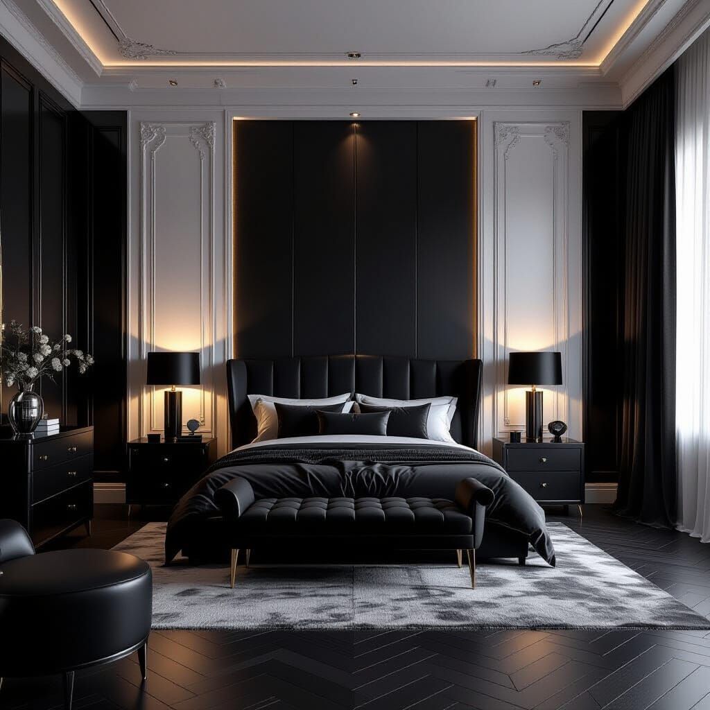 Luxurious Black Bedroom with Moody Lighting