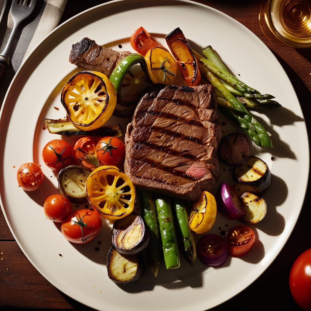Grilled Vegetables and Steak Macro Food Photo