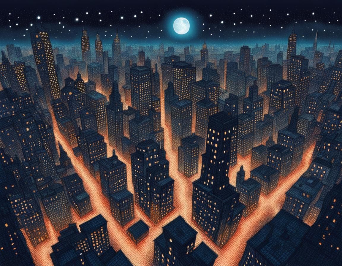 Modern City at Night in Surreal Pointillism
