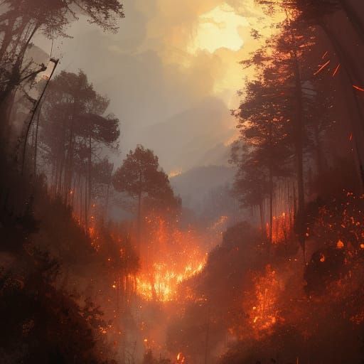 Epic Forest Fire Artwork in Golden Hour