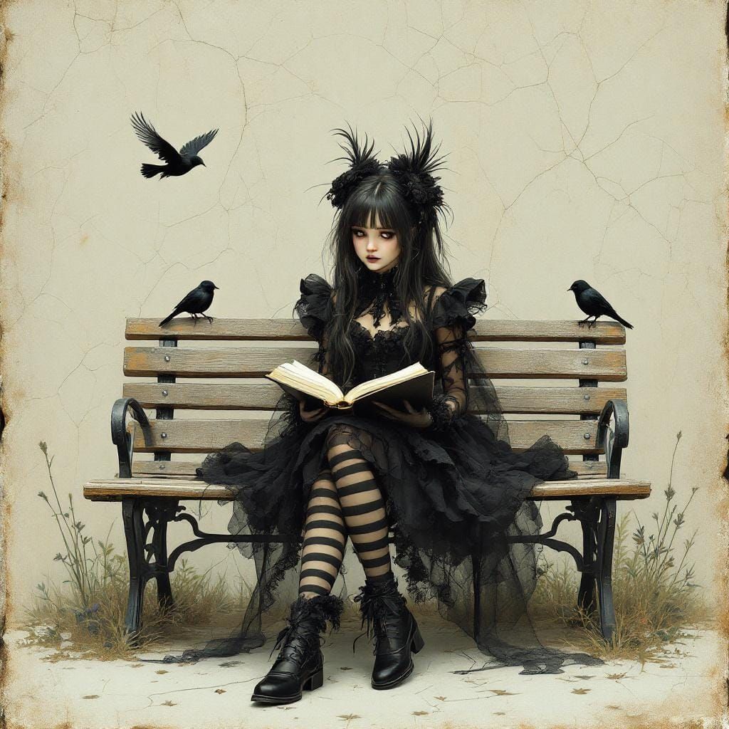 Gothic Girl Reading in a Dark Fantasy Landscape