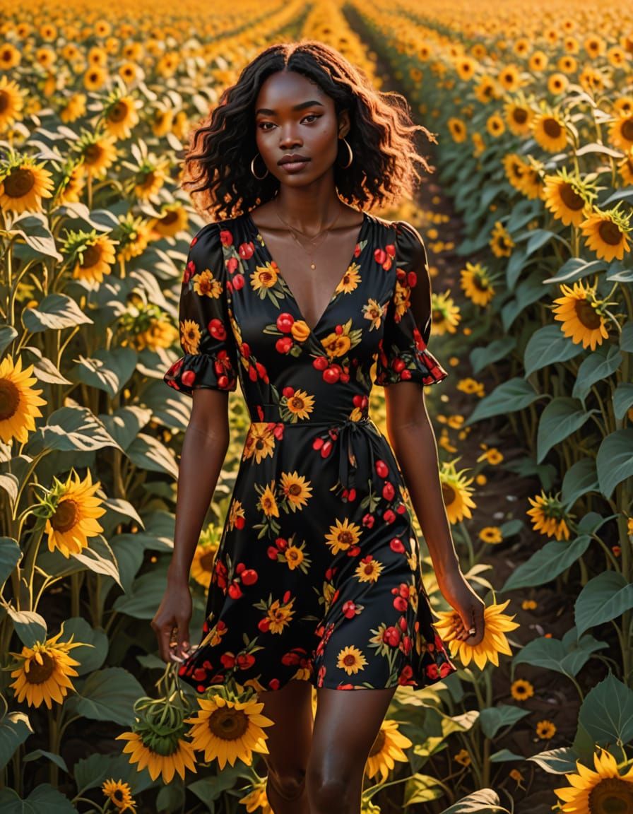  a bright Cherry floral sundress, walking barefoot through a...