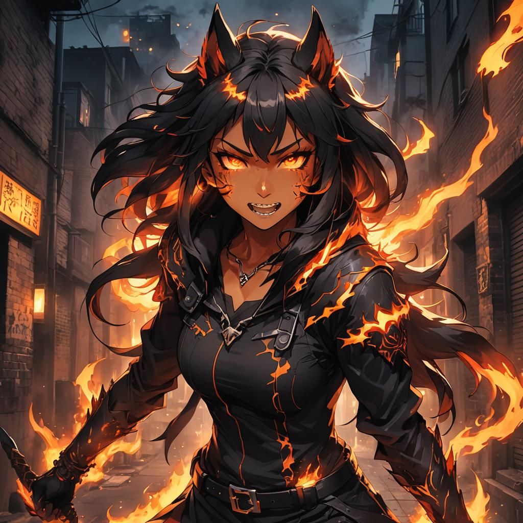 Anime Demon Wolf Girl in Fiery Cityscape