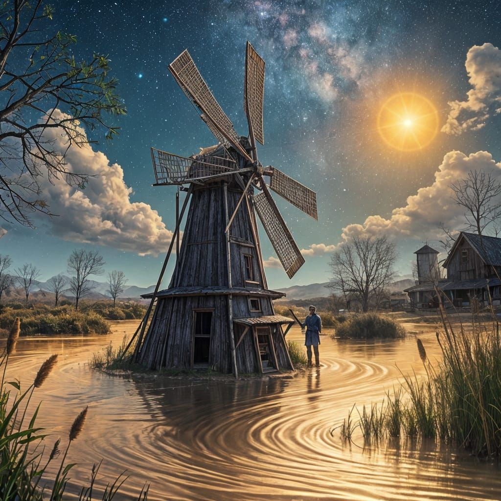 Whimsical Windmill Amidst Ruins by a Rushing River