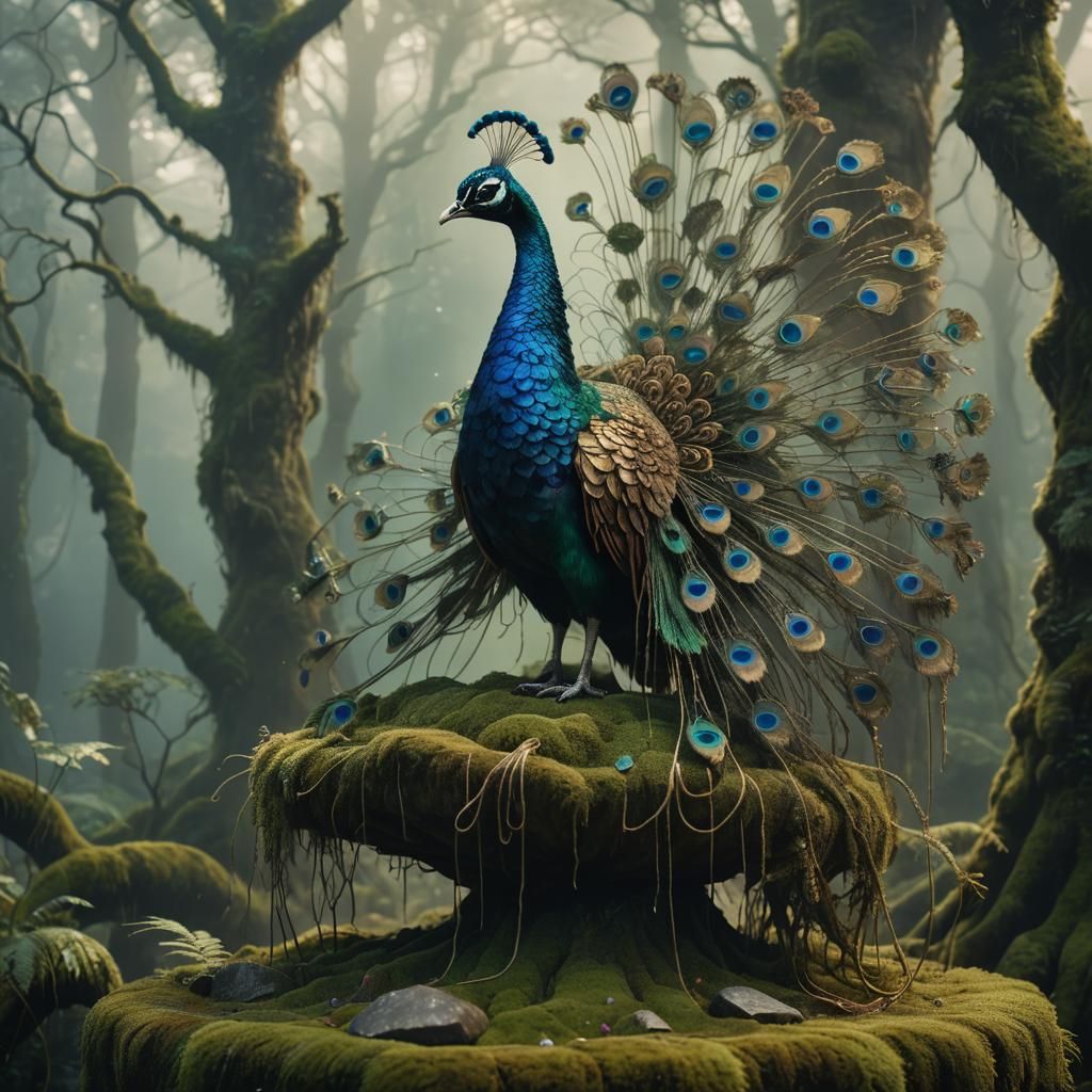 String Peacock in Misty Forest: Fantasy Art