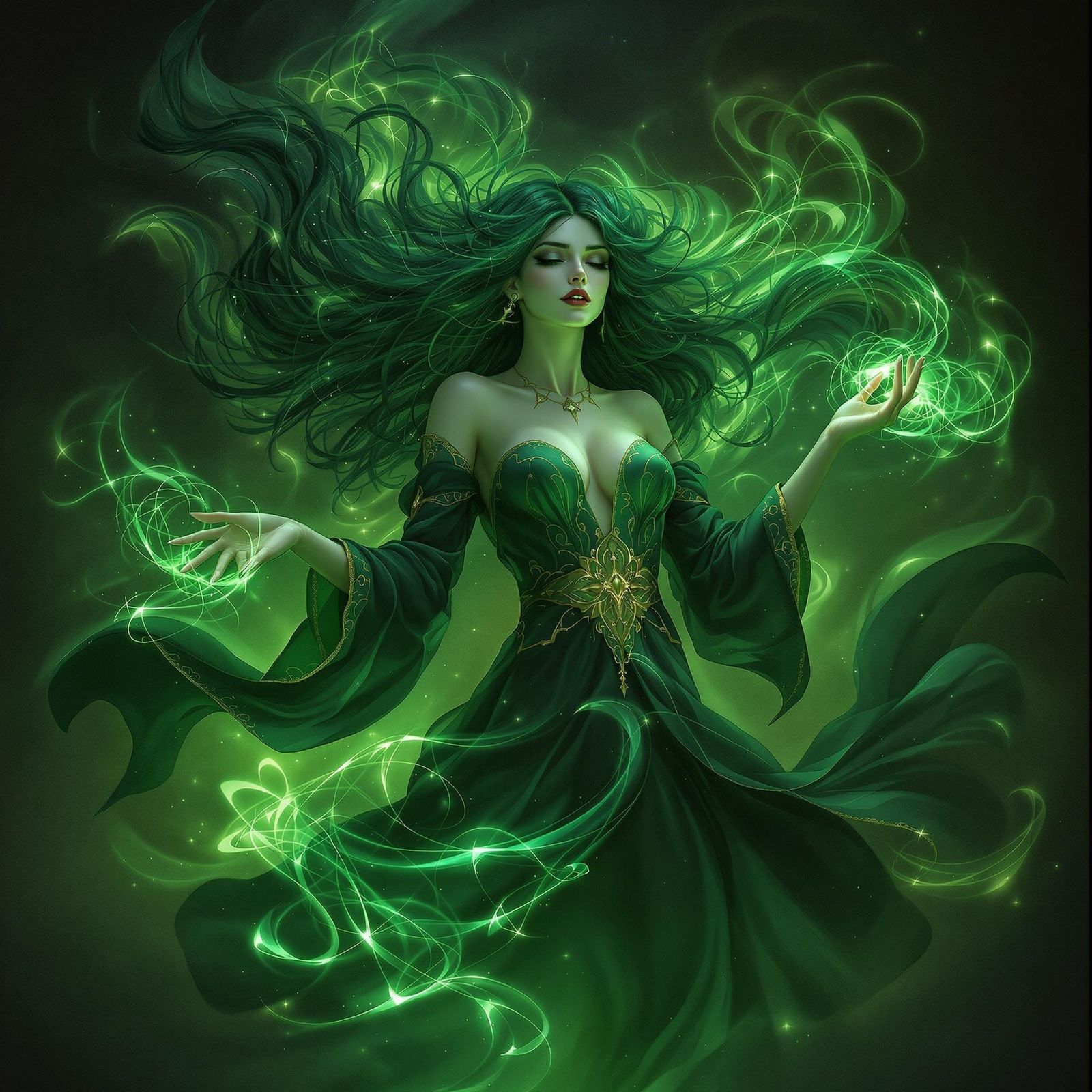 Enchantress in Emerald Mists: A Baroque Tapestry of Magic an...