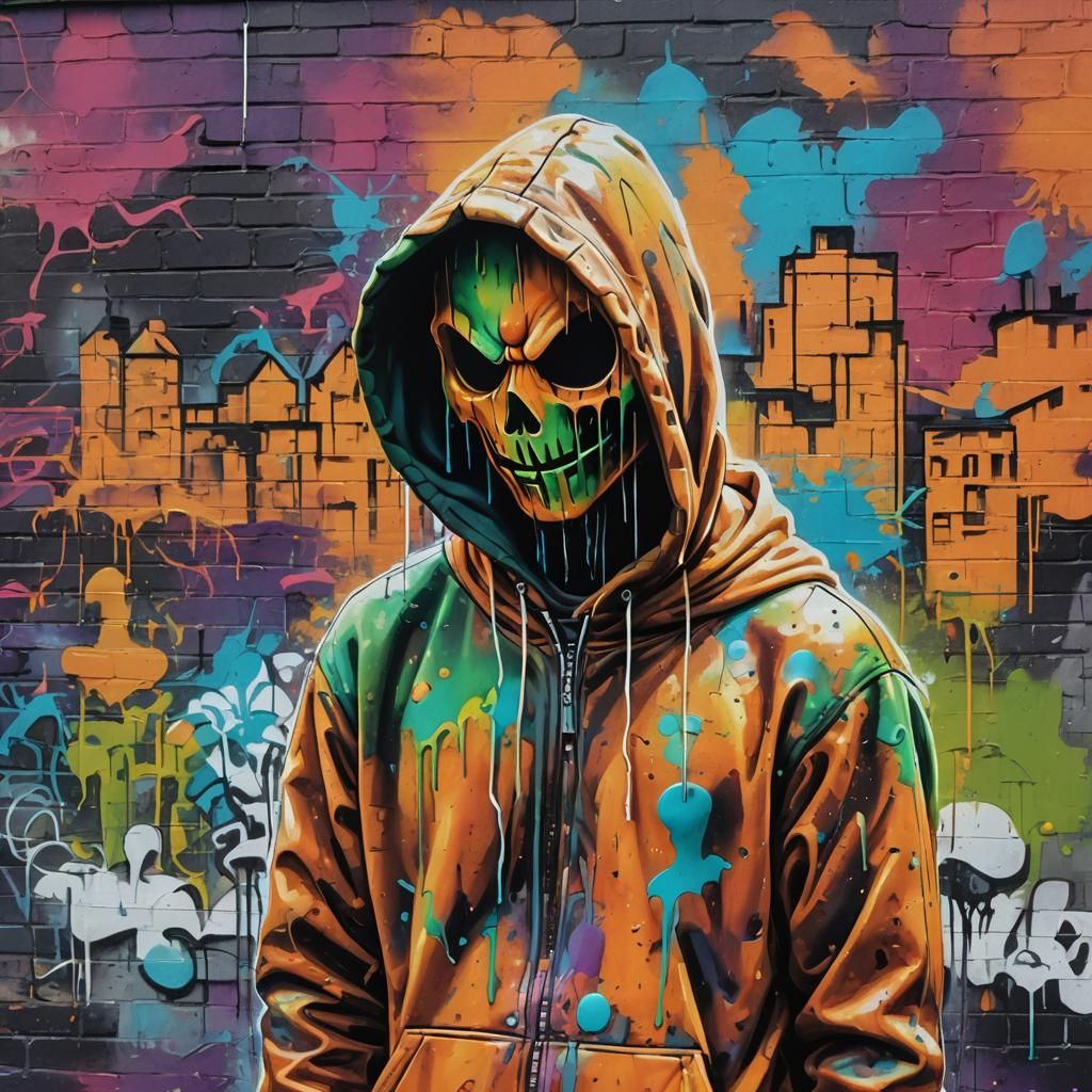 Pumpkin-Headed Graffiti Character in Urban Art Style