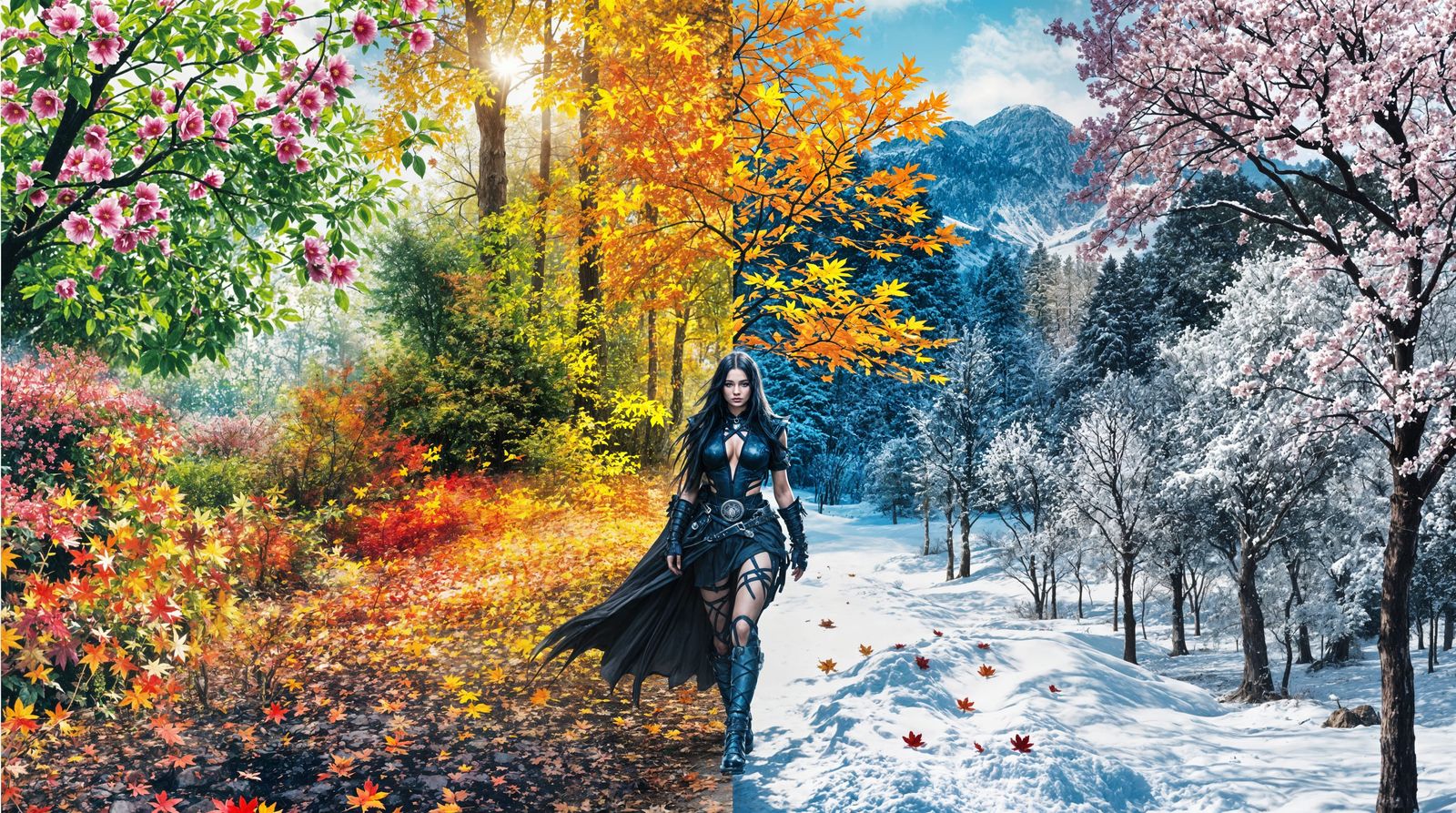 Cyberpunk Harajuku Queen in Vibrant Seasonal Landscapes