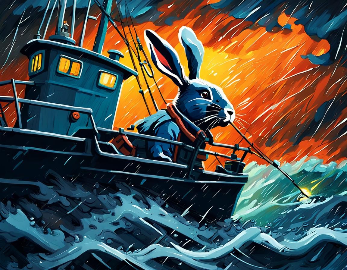 Rabbit Captain Navigates Stormy Seas: Expressionist Art