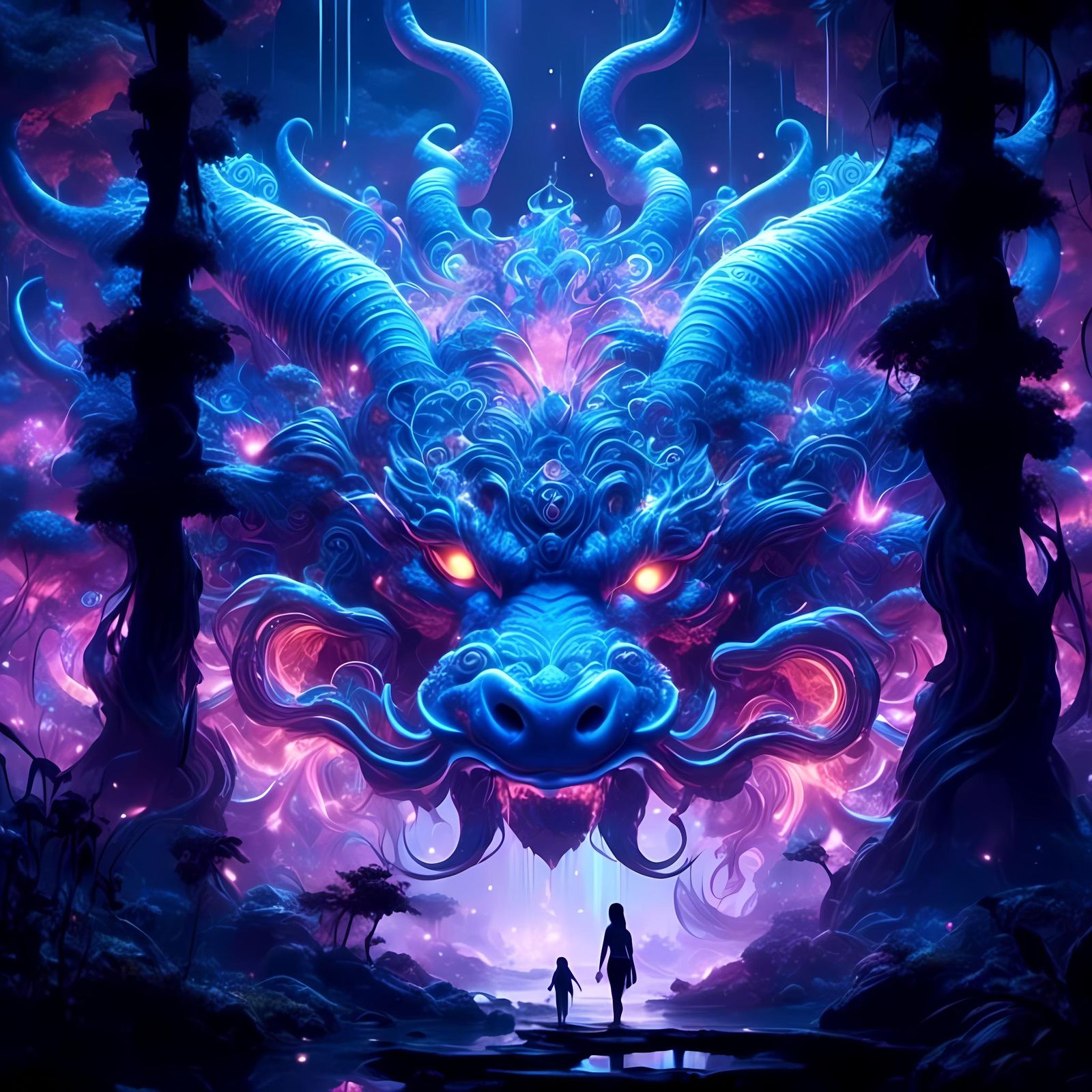 Bioluminescent Mushroom Forest Silhouette in Cosmic Style