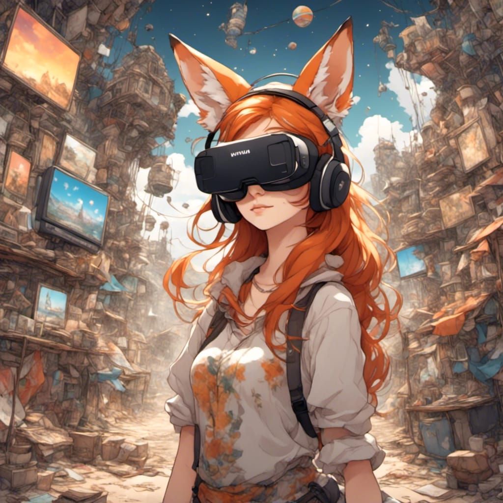 Fox-girl VIXEN wearing a VR headset, playing games in a Virtual reality world.