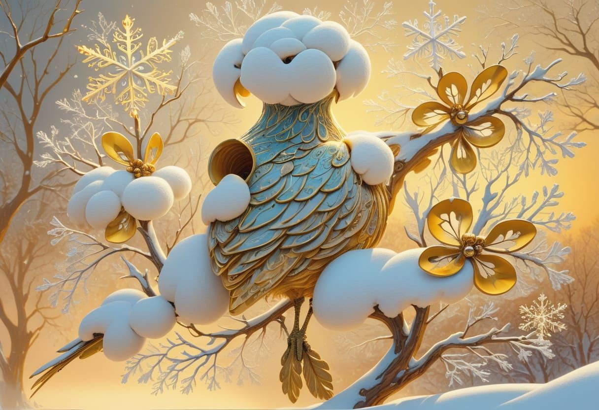 Surrealist Snowbird Sings in Dreamlike Winter Wonderland