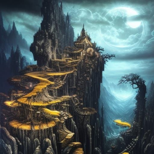 Fantasy Moon Over Clockwork Bonsai Village